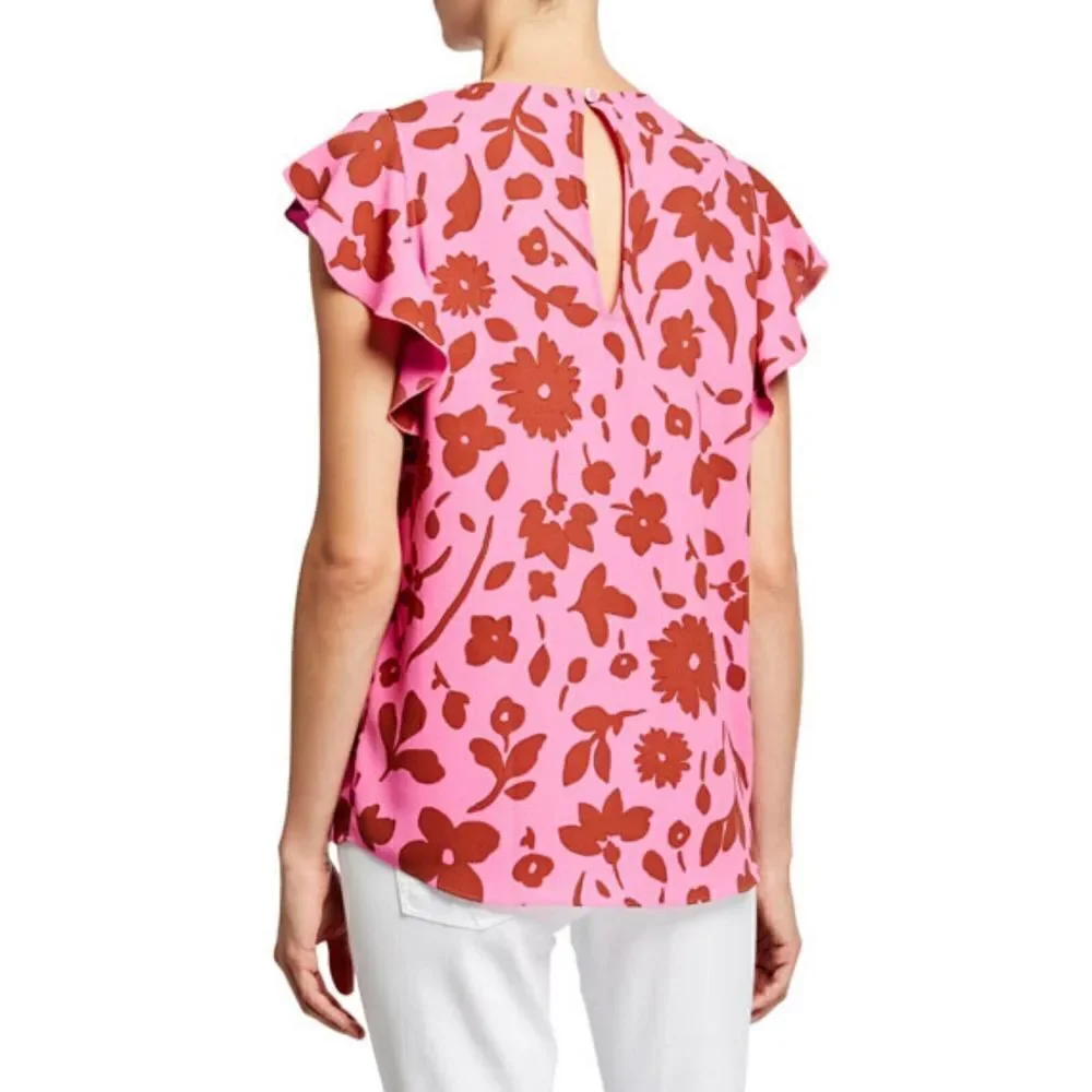 Kate Spade Splash Floral Crewneck Flutter Sleeve Keyhole Top Size Sm Pink Multi